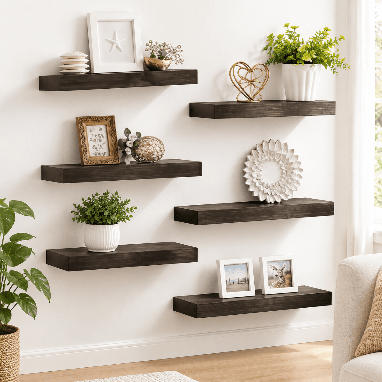Rustic Brown 17 Inch Solid Wood Floating Wall Shelves Set of 6 ...