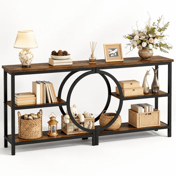 Rustic Brown 2-Pack 3-Tier Industrial Console Table Set for Entryway Living Room Foyer