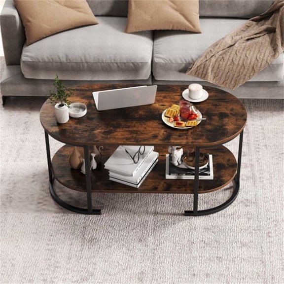 Rustic Brown 2-Tier Coffee Table with Black Metal Frame, Robot Vacuum Friendly Under Table Clearance, Heavy Duty Engineered Wood Accent Table for Living Room Office Reception