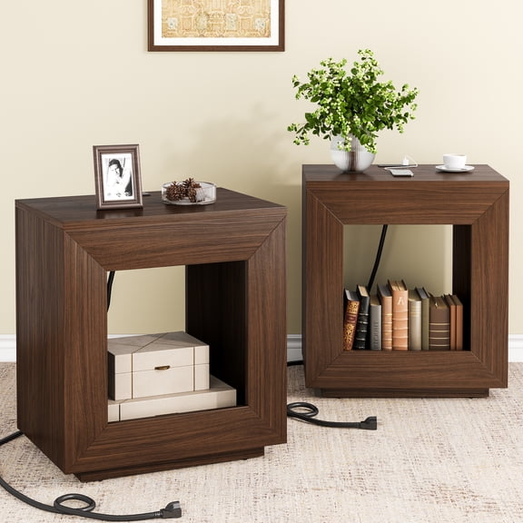 Rustic Brown 2-Tier Square Rustic Wood End Table with Storage Shelf, Industrial Sofa Side Table for Living Room, Entrance