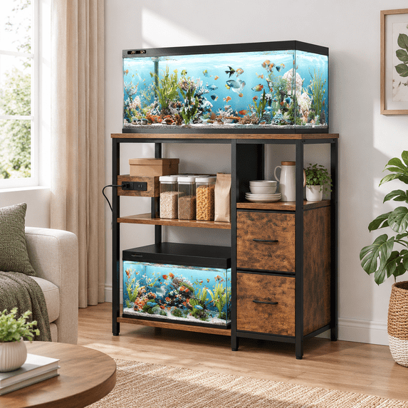 Rustic Brown 20-29Gallon Aquarium Stand with Charging Station and Storage Drawers