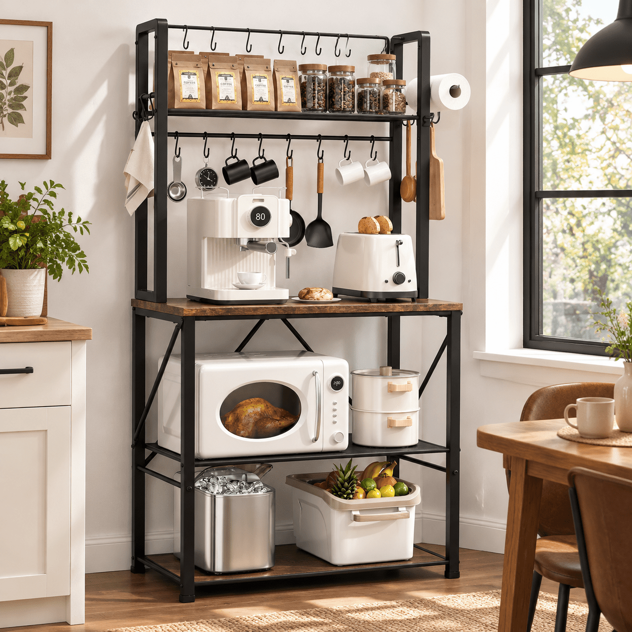 Rustic Brown 25.9 Inch Baker's Rack with 5 Tier Shelves and S Hooks for ...