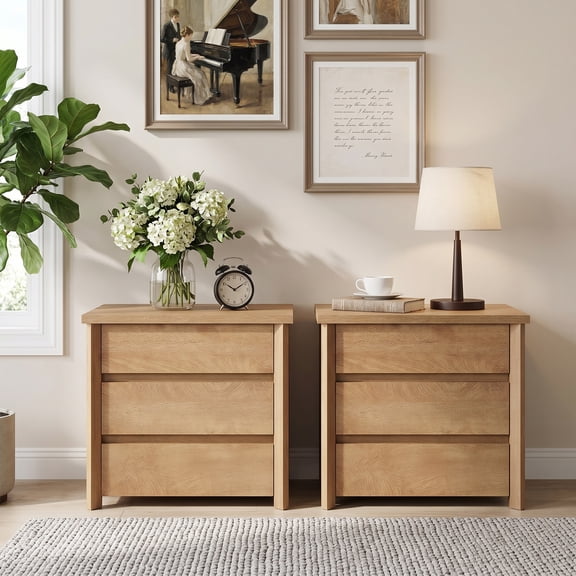 Rustic Brown 3 Drawers Nightstand Large Storage Wood Bedside Table For Bedroom Small Spaces Compact Design Easy Assembly(2PCS)