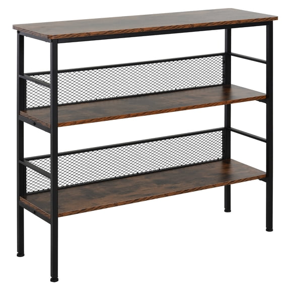 Rustic Brown 3-Tier Console Table Industrial Style Storage Metal Wooden Shelf with Adjustable Feet for Living Room, Entryway