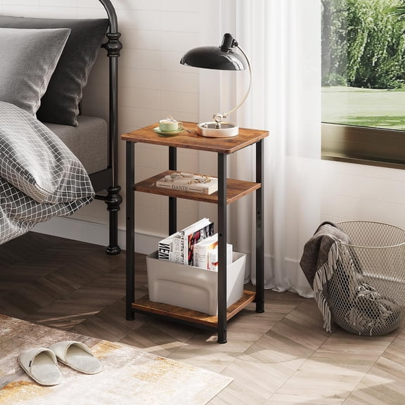 Rustic Brown 3-Tier End Table Set of 2, Small Side Table for Living Room, Bedroom, Home Office, Space Saver