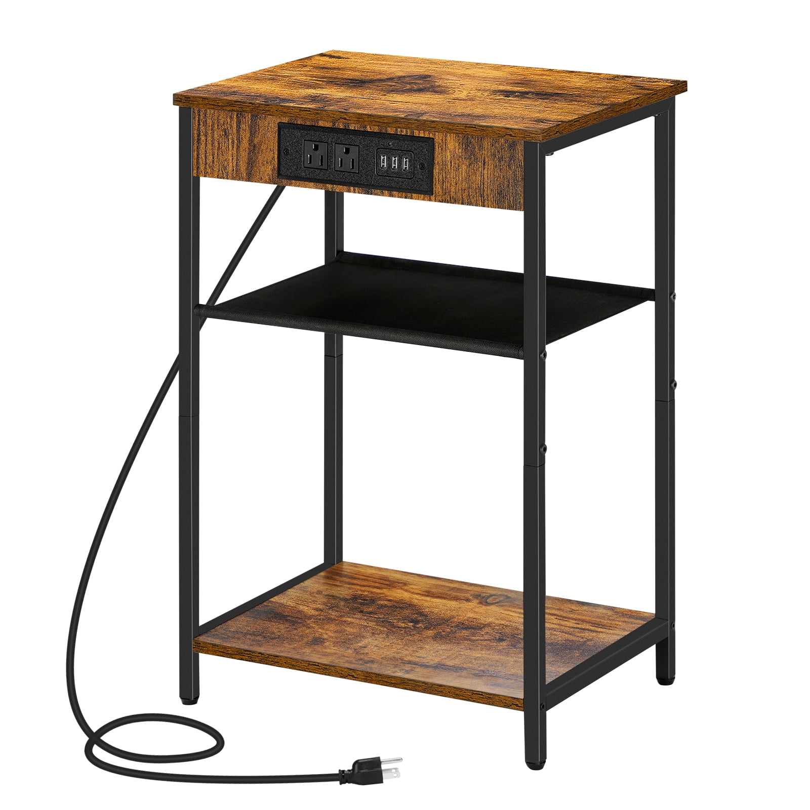 Rustic Brown 3-Tier End Table with Charging Station, Industrial Nightstand with USB Ports and Outlets for Living Room Bedroom