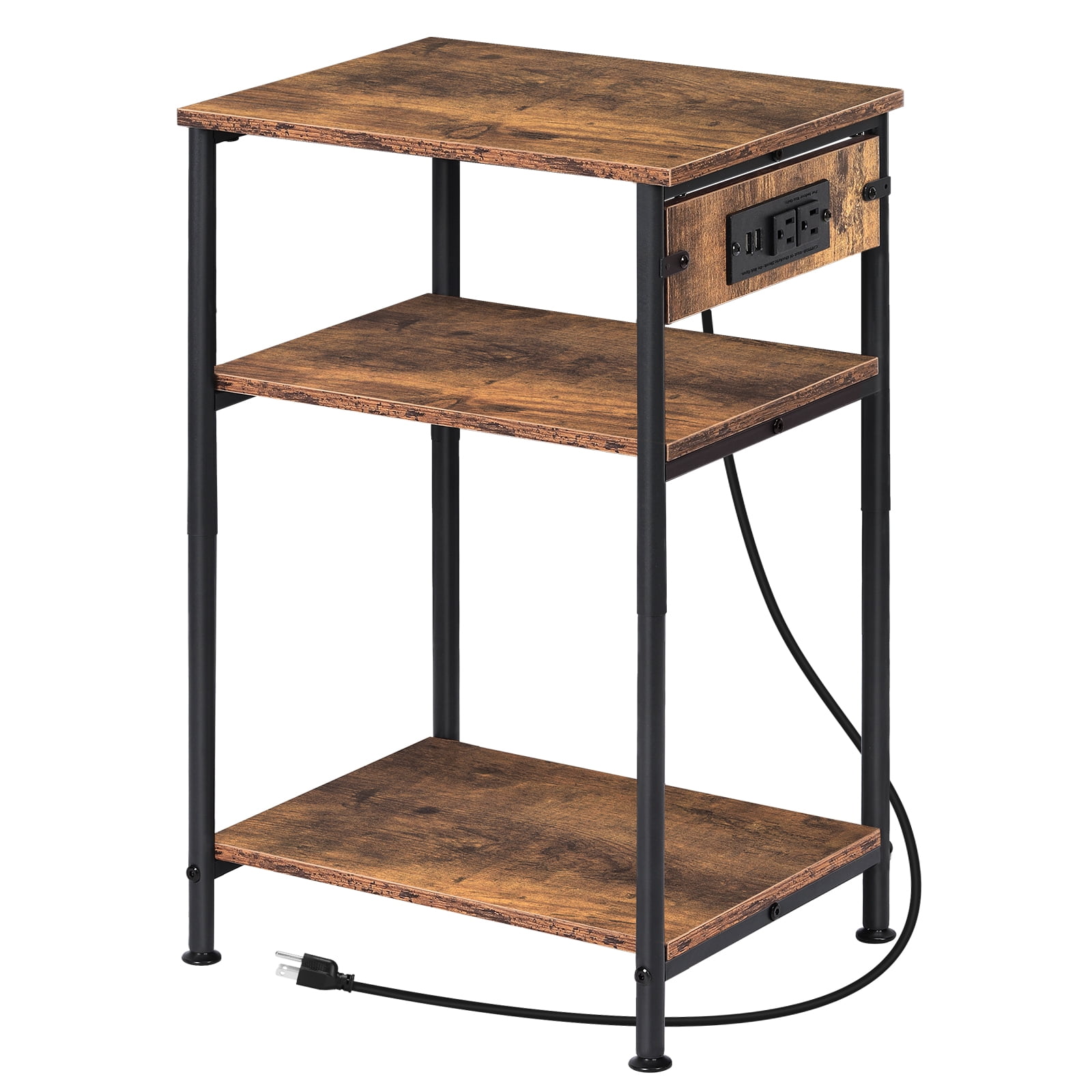 Rustic Brown 3-Tier End Table with Charging Station, Side Table with USB Ports and Outlets, Nightstand for Living Room Bedroom