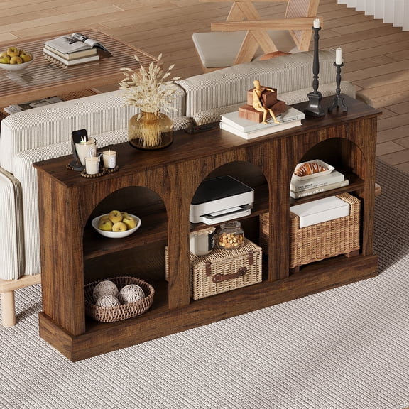 Rustic Brown 3-Tier Media Console, 63" Modern TV Stand with Charging Station Compatible with 65-70 Inch Televisions