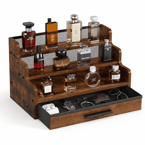 Rustic Brown 3 Tier Wooden Makeup and Cologne Organizer with Drawer
