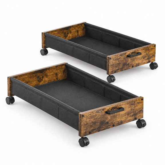 Rustic Brown 30L Wooden Under Bed Storage Drawer With Wheels For Space-Saving