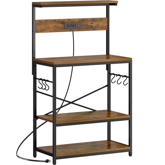 Rustic Brown 31.5 Inch Baker's Rack with Power Outlets and S-shaped Hooks