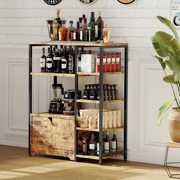 Rustic Brown 31.6" Mini Coffee Bar Cabinet with Doors, Small Corner Buffet Sideboard