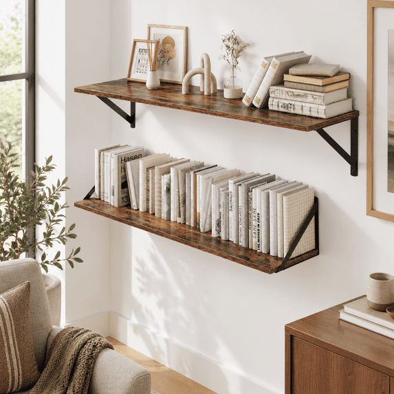 Rustic Brown 32 Inch Set Of 2 Deep Floating Wood Wall Shelves With ...