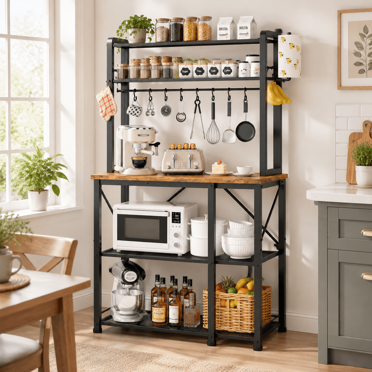 Rustic Brown 34.7 Inch Baker's Rack with Microwave Stand and Storage ...