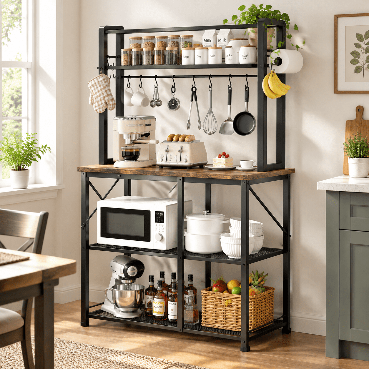 Rustic Brown 34.7 Inch Bakers Rack with Storage for Kitchen ...