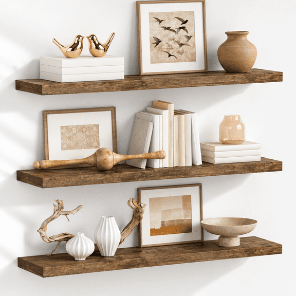 Rustic Brown 36 x 8 Inch 3-Pack Floating Shelves for Wall Storage and Decor