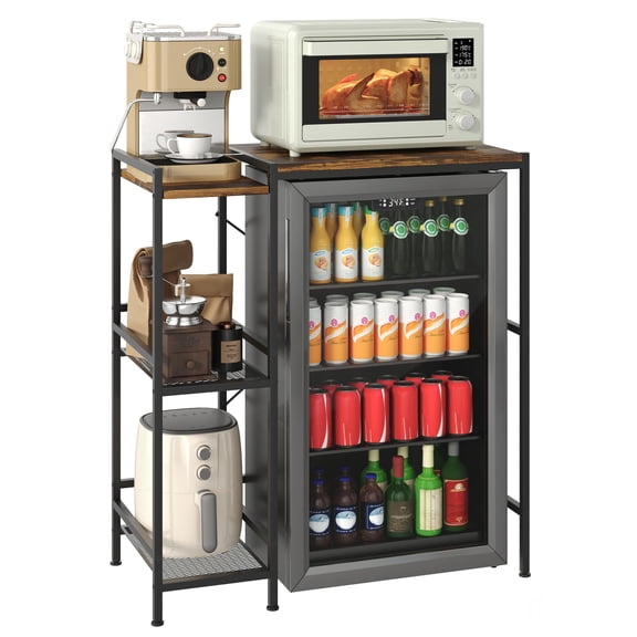 Rustic Brown 37-Inch Mini Fridge Stand, 3-Tier Shelves, Microwave Storage, 150 lb Capacity, Coffee Bar Organizer