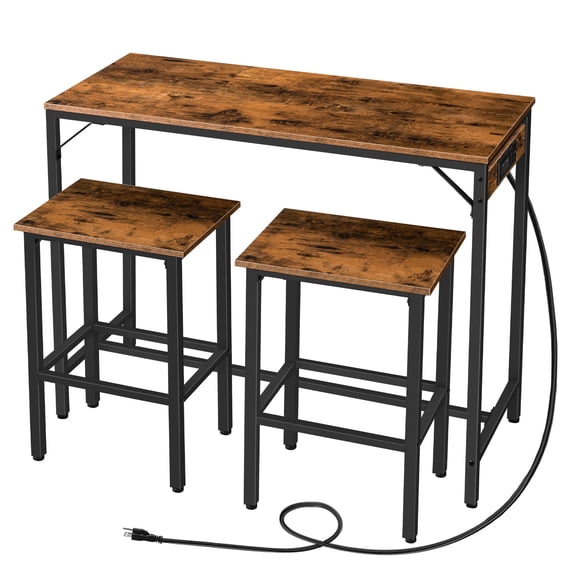 Rustic Brown 39.4L x 15.7W x 36H Bar Table With Two Stools And Power Outlet Industrial Pub Set
