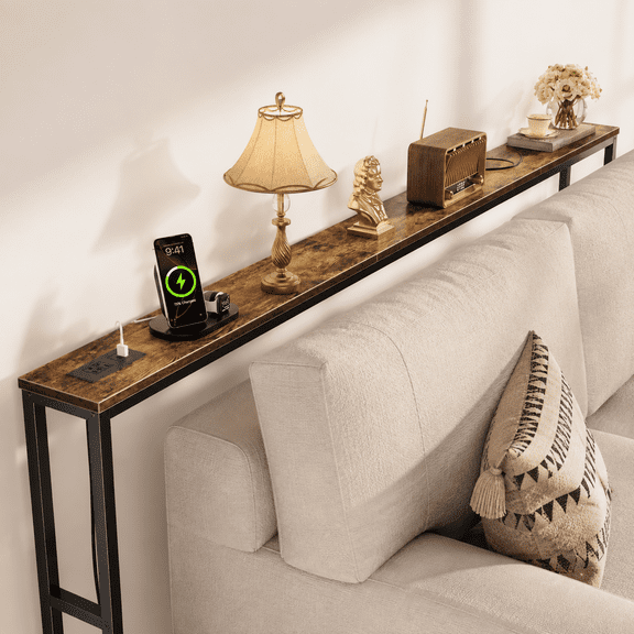 Rustic Brown 5.9"D × 141.7"W × 29.7"H Extra Long Console Table with Power Outlets