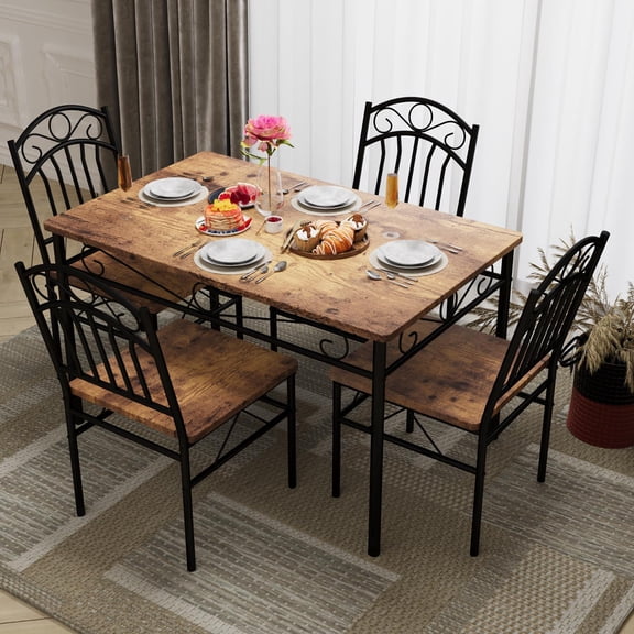Rustic Brown 5-Piece 4-Seater Industrial Dining Set, Space Saving Wood Metal Combination Table Chairs