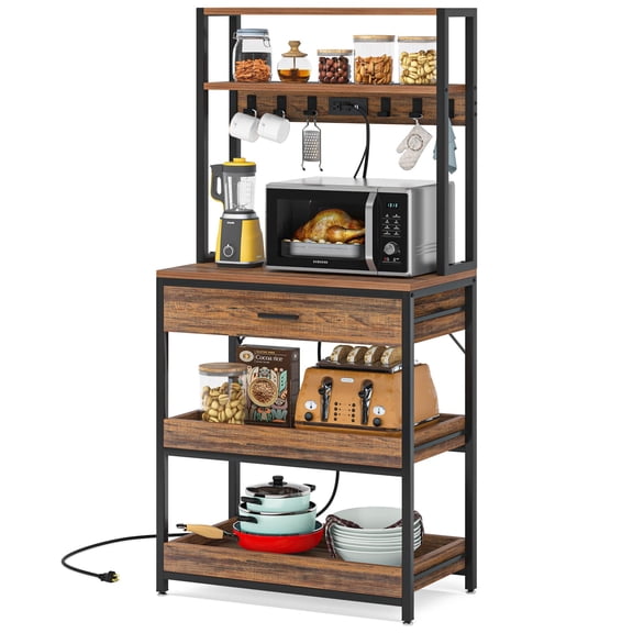 Rustic Brown 5-Tier Bakers Rack with Drawer, Power Outlets & Hooks