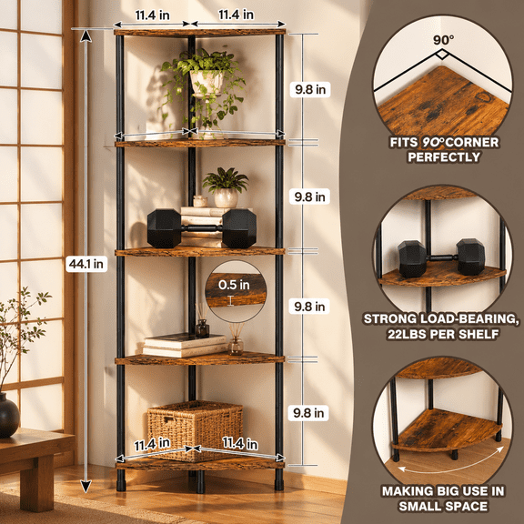 Rustic Brown 5-Tier Corner Shelf Stand Freestanding Storage Unit