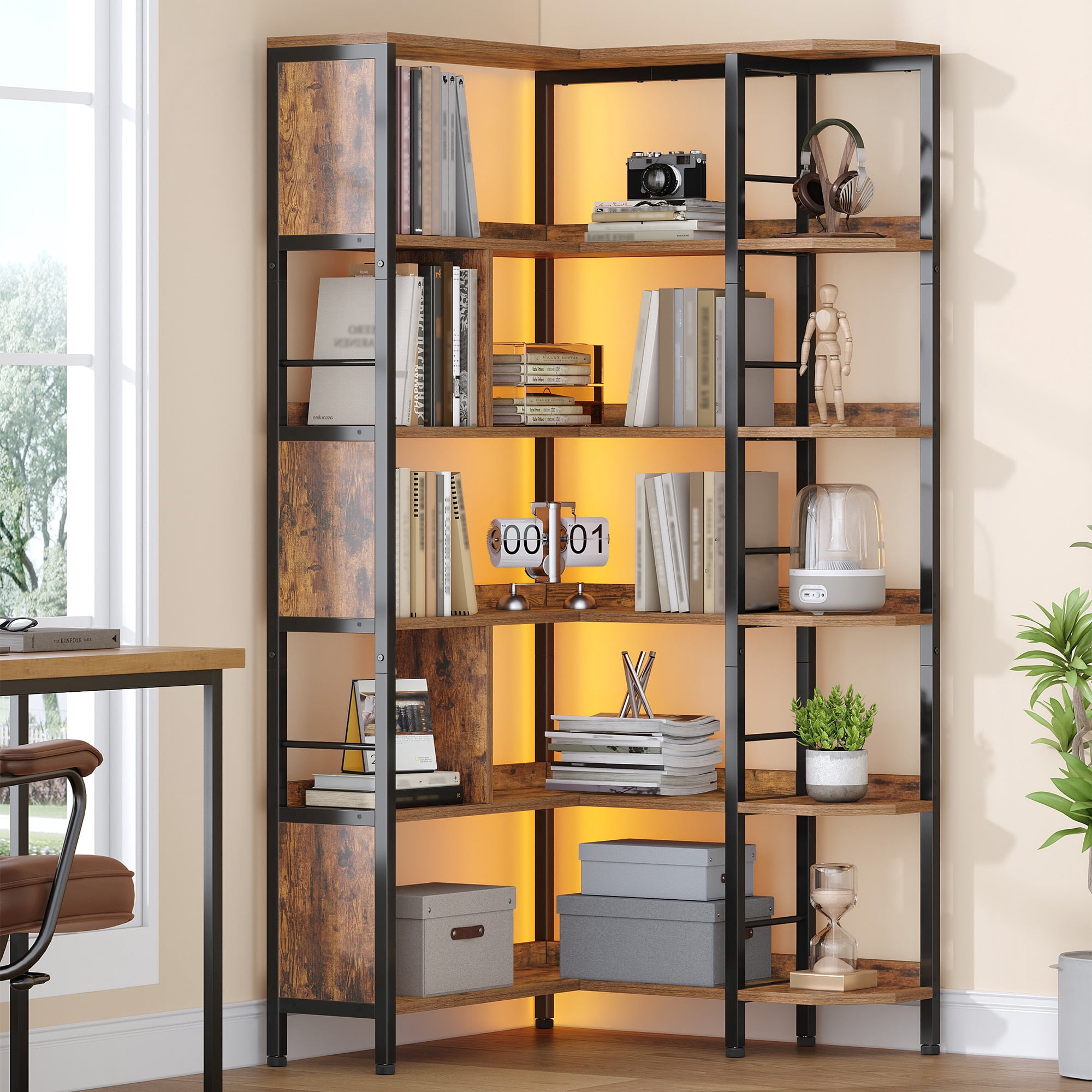 Hzuaneri 5-Tier Corner Bookshelf with LED Light, L-Shaped Bookcase with ...