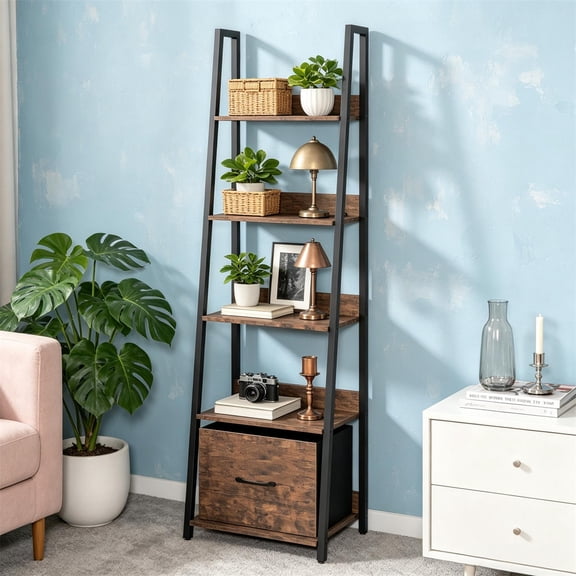 Rustic Brown 5-Tier Ladder Bookshelf with Fabric Drawer Industrial Wood & Metal Narrow Storage Rack with Anti-Tip Hardware and Back Baffles for Living Room Home Office
