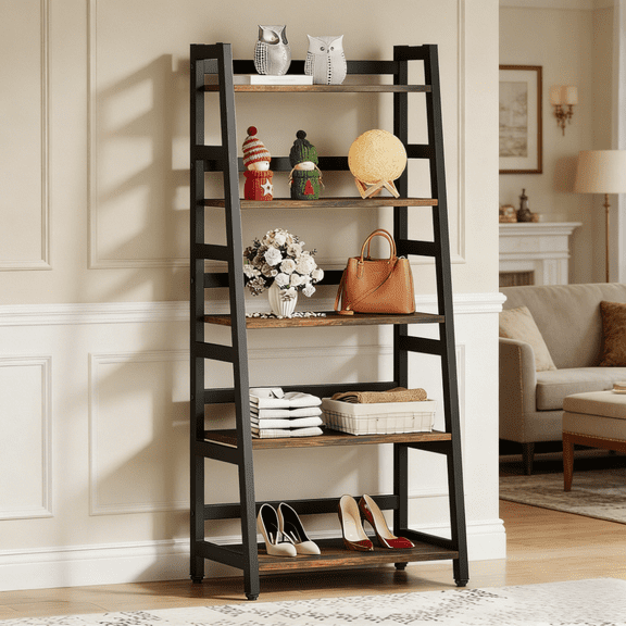 Rustic Brown 5 Tier Ladder Bookshelf Vintage Farmhouse Style with Metal Frame 50 Lbs Per Shelf Capacity 23In Width for Small Space Living Room Study Nook Home Office Bedroom Apartment Library Storage