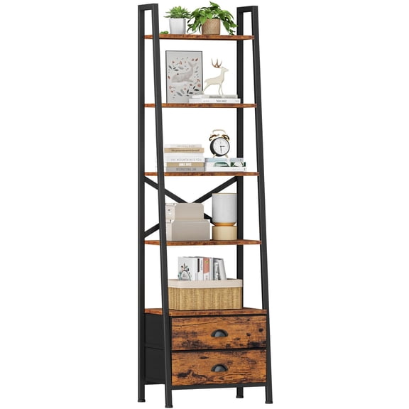 Rustic Brown 5-Tier Leaning Ladder Shelf With 2 Drawers Narrow Storage Bookcase For Bedroom Living Room Office