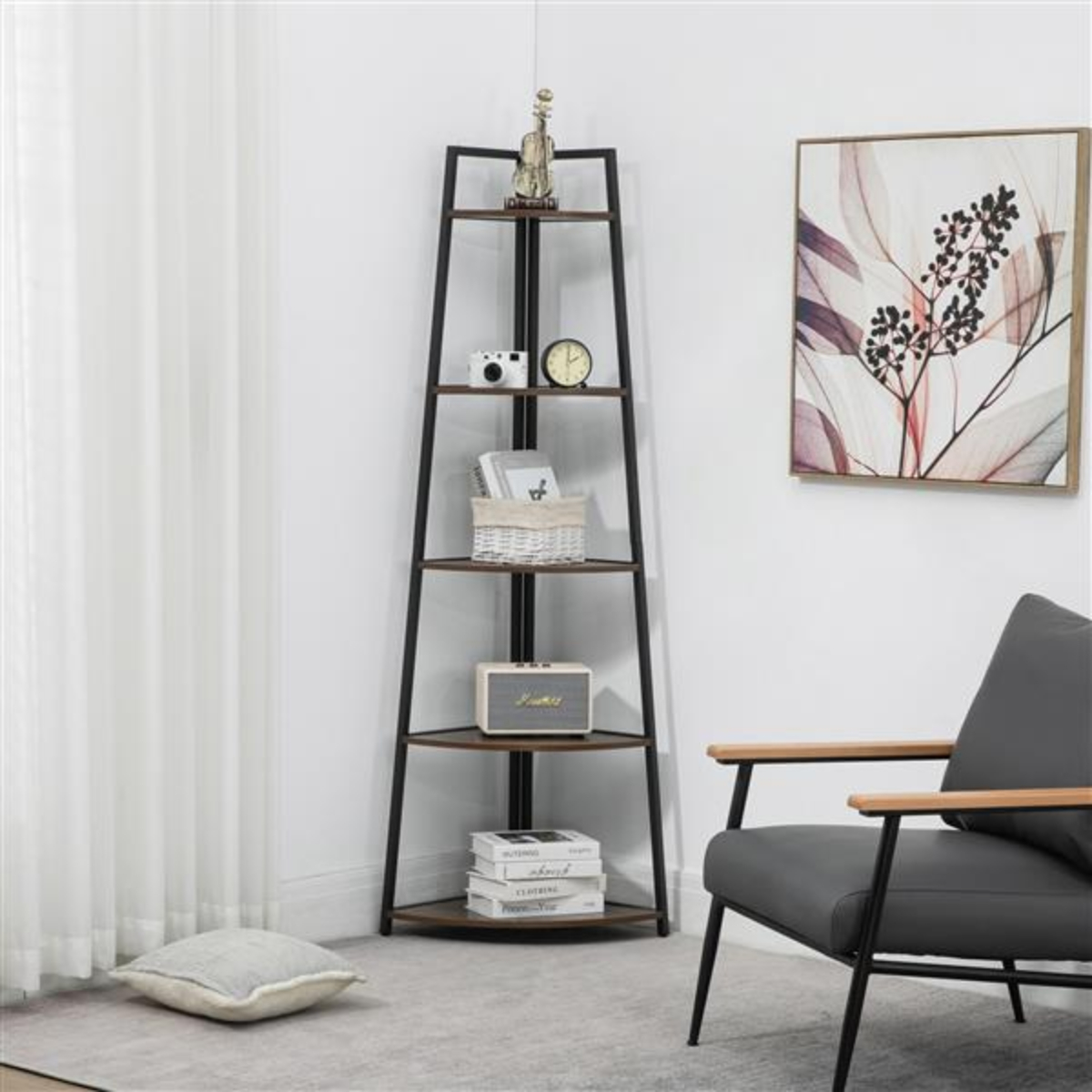 Rustic Brown 5 Tier Tall Corner Shelf with Multipurpose Shelving Unit