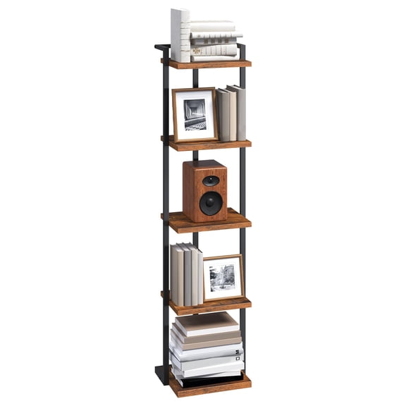 Rustic Brown 5-Tier Vertical Bookshelf, Tall Narrow Open Storage Shelf For Living Room Office Study