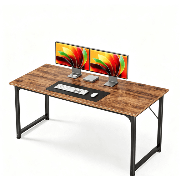 Rustic Brown 55 Inch Home Office Desk, Metal Frame Computer Desk for Study Writing Gaming