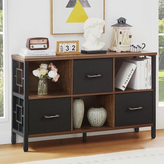 Rustic Brown 6-Cube Storage Organizer with 3 Drawers, Industrial-Style