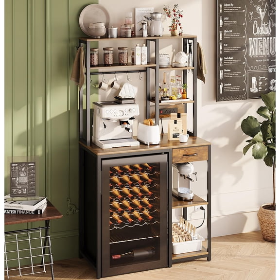 Rustic Brown 6-Tier Freestanding Bakers Rack with Wine Cooler, Drawer &