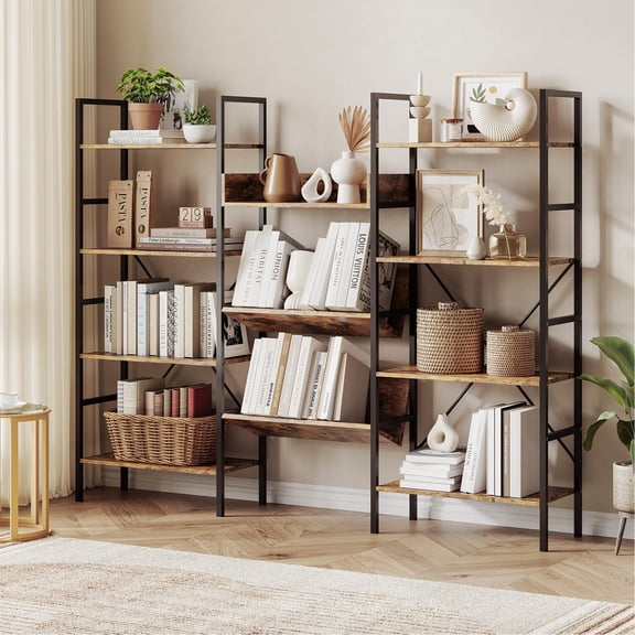 Rustic Brown 72.8" Wide Industrial Style Book Shelves, Triple Wide 4 Tiers Book Shelf with 11 Open Display Shelves, Large Rustic Metal Bookcase for Living Room, Home and Office