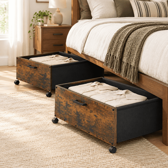 Rustic Brown 90L Under Bed Storage Chest with Rolling Wheels
