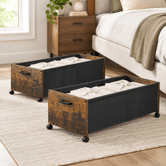 Rustic Brown 90L Under Bed Storage Chest with Rolling Wheels
