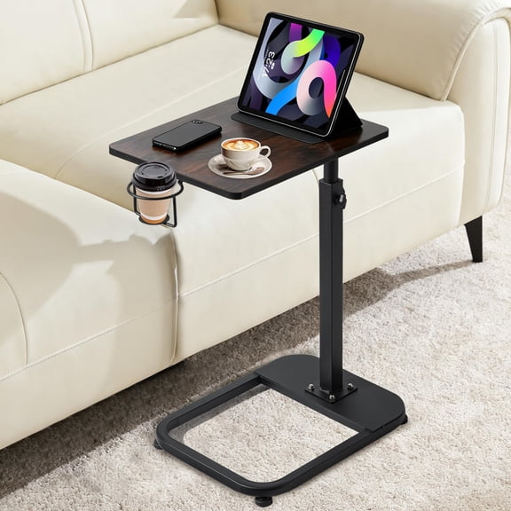 Rustic Brown Adjustable TV Tray Table With Cup Holder, Height 18.3-32.3 In