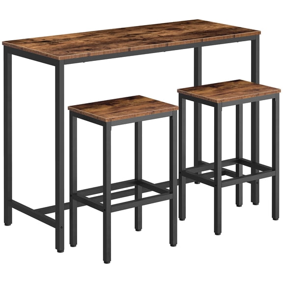Rustic Brown And Black Bar Table Set With 2 Stools, 47.2 Inch Rectangular Pub Table, Industrial Style Metal Frame