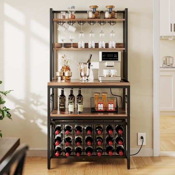 Rustic Brown Bakers Rack With Wine Storage, Coffee Bar Shelf & Hanging