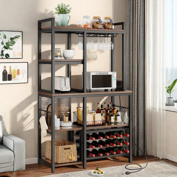 Rustic Brown Bakers Rack with 5 Tiers, Wine Storage, Power Outlet & Glass