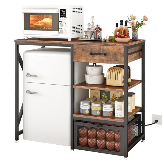 Rustic Brown Bakers Rack with Drawer, Power Outlet & Adjustable Shelves
