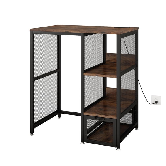 Rustic Brown Bakers Rack with Power Outlet, Drawer & Adjustable Shelves