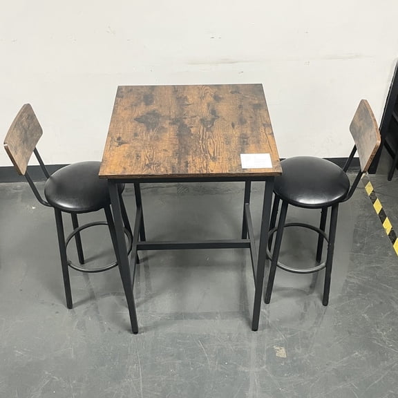 Rustic Brown Bar Table With 2 Stools, Pu Seat Cushion For Extra Comfort Soft Seat, Iron Frame
