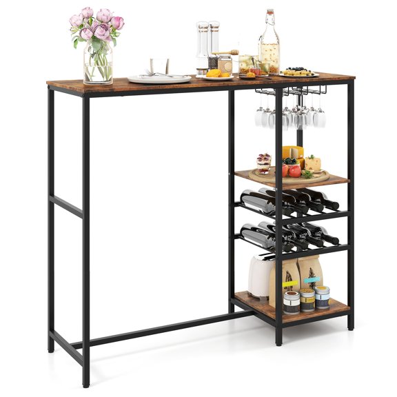 Rustic Brown Bar Table With Wine Racks, Glass Holders & Storage Shelves