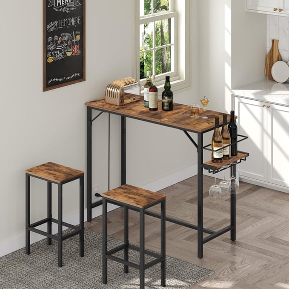 Rustic Brown Bar Table with Charging Station, Wine Rack & Glass Holder