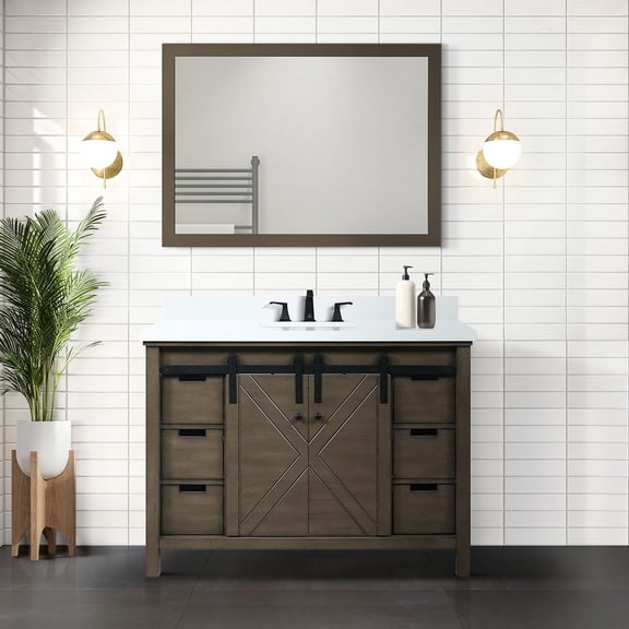 Rustic Brown Bath Vanity - 48 In. W X 22 D, Cultured Marble Countertop, 44 Mirror, Soft Close, Plenty Of Storage With Mirror 6 Drawers, Open Cabinet & Shelf