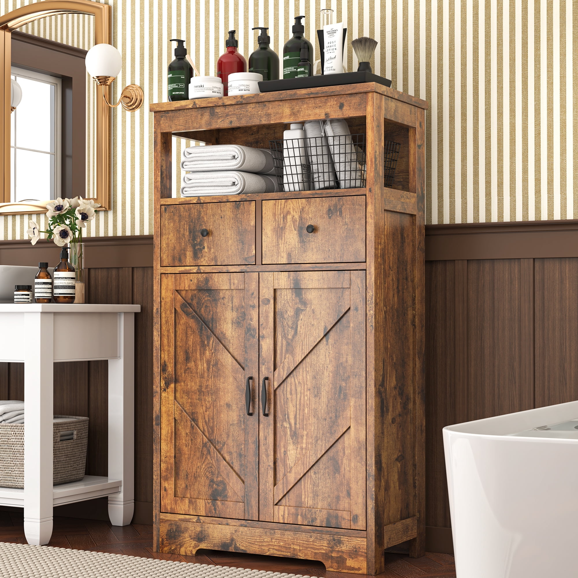 Rustic Brown Bathroom Storage Cabinet with Drawers and Doors, Kitchen ...
