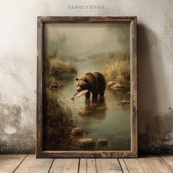 Rustic Brown Bear Moody River Fishing Wildlife Lake Cottagecore Poster Unframed Paper Print